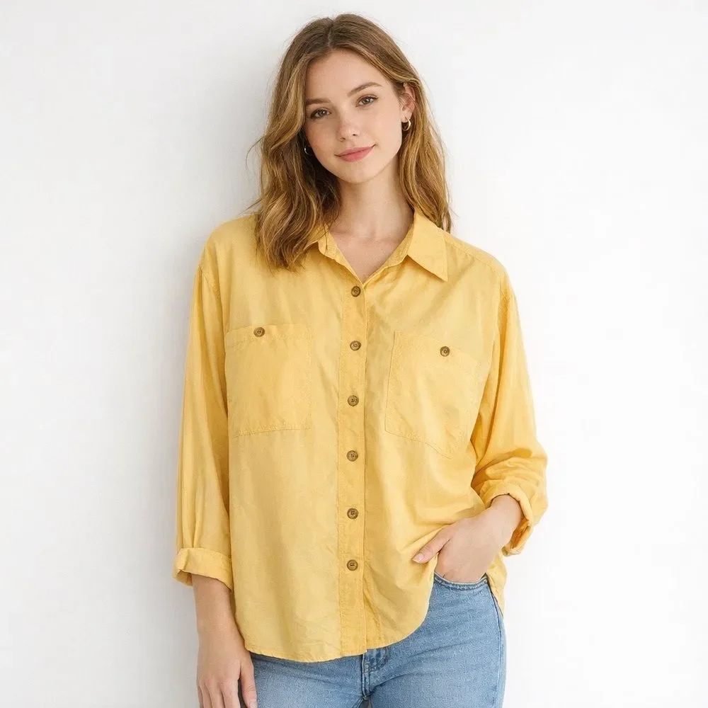 CLIO 100% Silk Button Down Blouse Mustard Yellow Size Small Vintage Minimalist